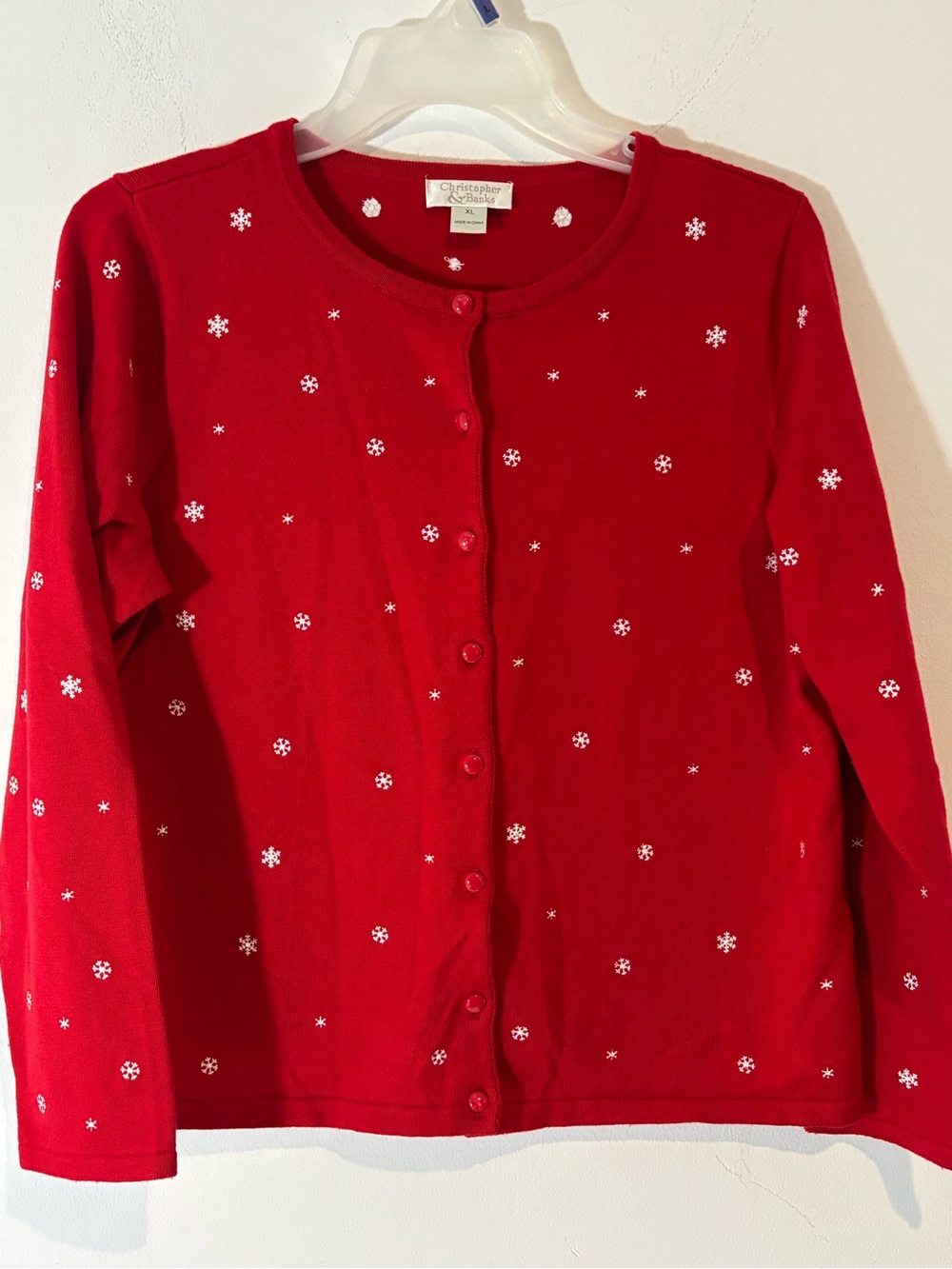 Christopher & Banks Women XL Red Cardigan Festive White Snowflakes Christmas